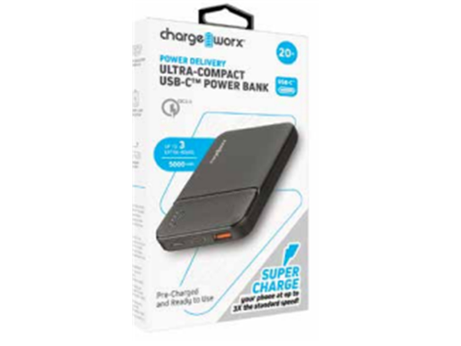 [94901] CARGADOR MOVIL (POWER BANK) ULTRA COMPACTO CHARGEWORX, 5,000MAH, 20W,DUAL USB-C Y -A, SAFEGUARD, LUZ LED +CABLES, CARGA RAPIDA, COLOR NEGRO (CX6850BK)