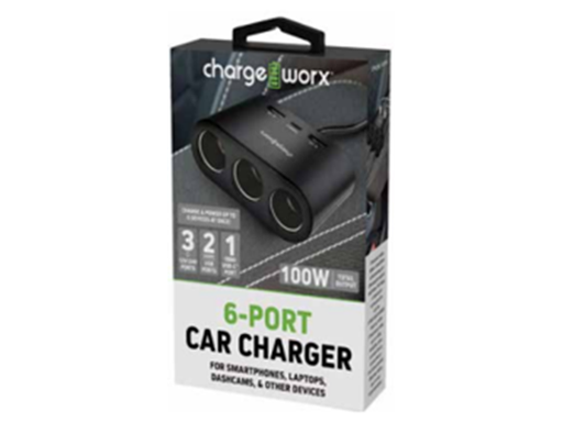 [94900] CARGADOR PARA CARRO CHARGEWORX 6 EN 1 (2.4AMP), 3  PUERTOS 12V CIGARRILLOS (60W), 3 USB(2-A Y 1-C), FUSIBLE 10W, SALIDA 100W MAX. PARA SMARTPHONES, TABLETS Y MAS, CABLE 60 CM Y LUZ LED AZUL, COLOR NEGRO (CX2111BK)