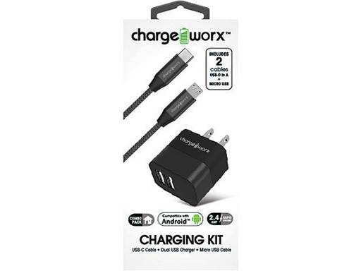 [86971] CARGADOR DE PARED DUAL USB (2.4AMP) (KIT) + CABLE MICRO USB + CABLE USB-C , CHARGING KIT, CHARGEWORX,, PARA SMARTPHONES & TABLETS, CABLE 3FT, NEGRO, COMPATIBLE CON ANDROID