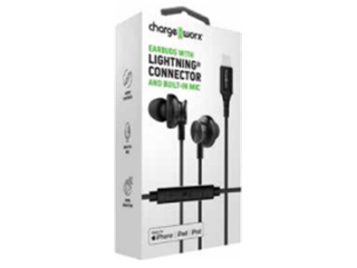 [94903] AUDIFONO CON MICROFONO CHARGEWORX LIGHTNING PARA IPHONE, RESISTENTE, MANOS LIBRES COLOR NEGRO. (CX9031BK).