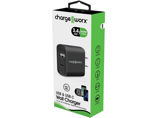 [94907] CARGADOR DE PARED DUAL USB, OUTPUT: 5V/2.4 AMP INPUT: AC 110-240V, CHARGEWORX PARA SMARTPHONES & TABLETS, NEGRO(CX2605BK).