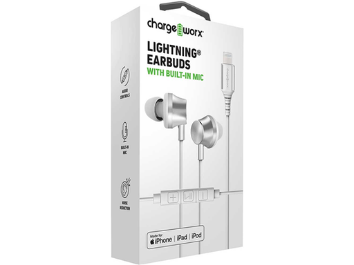 [94908] AUDIFONO CON MICROFONO CHARGEWORX LIGHTNING PARA IPHONE, RESISTENTE, MANOS LIBRES COLOR PLATEADO. (CX9032SL).