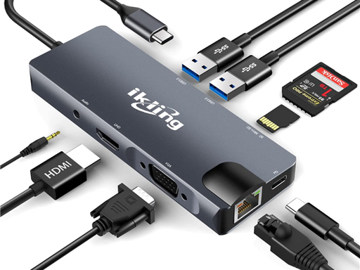 [95248] HUB USB IKLING TYPE C , 9 EN 1, 4K USB C A HDMI, VGA, GIGABIT ETHERNET, PD DE 100 W, 2 USB-A DE 5 GBPS, LECTOR DE TARJETAS MICROSD/SD