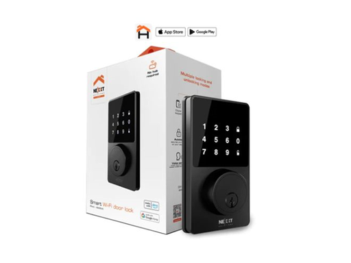 [95328] CERRADURA PARA PUERTA SMART WIFI, NEXXT, TECLADO DIGITAL, FUNCIONA CON APPLICACION, LLAVE REGULAR, COMANDO DE VOZ, FUNCION DE SEGURO AUTOMATICO, 4 X BATERIAS AA, COLOR NEGRO (NHS-D100)
