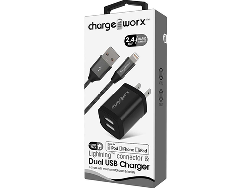 [87073] CARGADOR DE PARED DUAL USB (2.4AMP) + CONECTOR LIGHTNING, CHARGEWORX PARA SMARTPHONES & TABLETS, 3FT, NEGRO