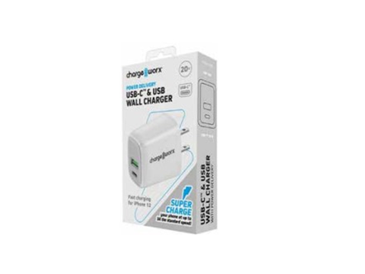 [92253] CARGADOR DE PARED DUAL USB-C Y USB 20W, CHARGEWORX PARA SMARTPHONES & TABLETS, BLANCO. (CX3097WH)