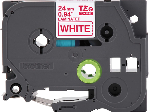 [95894] CINTA LABEL LAMINADA BROTHER P-TOUCH TZE-252, 1" (24 MM), 26.2 FT (8 M), RESISTENTE AL AGUA, ROJO SOBRE BLANCO