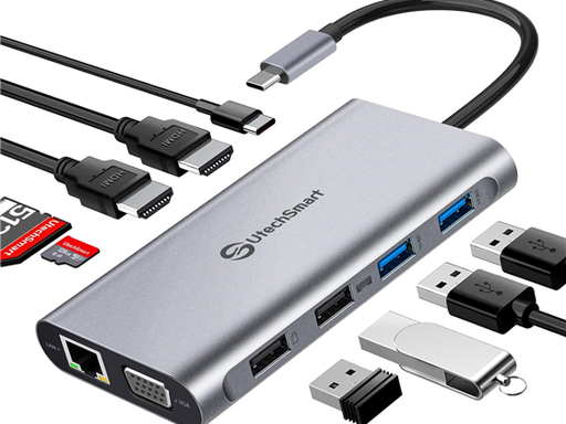 [96199] HUB UTECHSMART 11 EN 1, 2X HDMI, VGA, PD3.0, SD TF CARD SLOT, 4X USB PORTS USB-C, GRIS