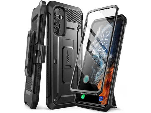 [96233] COVER SUPCASE PARA SAMSUNG GALAXY A34, A PRUEBA DE CHOQUES, INCLUYE PROTECTOR DE PANTALLA, KICKSTAND, CLIP, NEGRO / FIBRA DE CARBON