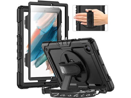 [96348] COVER AZZSY PARA SAMSUNG GALAXY TAB A8 CASES 10.5'' 2022, A PRUEBA DE CHOQUES, SOPORTE GIRATORIO 360, CORREA DE MANO/HOMBRO, NEGRO