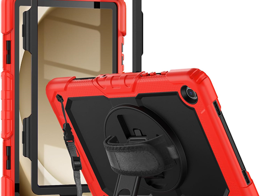 [96505] COVER AZZSY PARA SAMSUNG GALAXY TAB A9+ 11", A PRUEBA DE CHOQUES, PROTECTOR DE PANTALLA, STAND, CORREA DE MANO, CORREA DE HOMBRO, ROJO/NEGRO