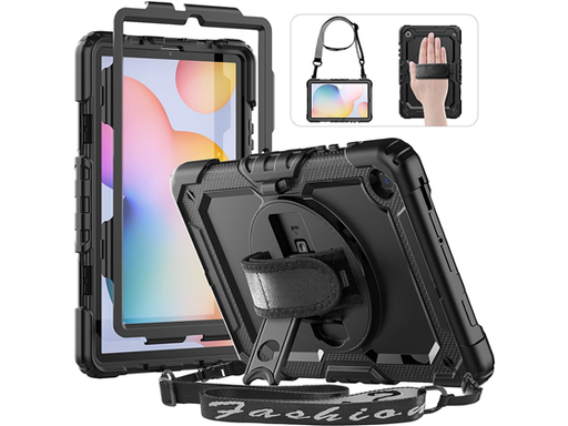 [96545] COVER HXCASEAC PARA SAMSUNG GALAXY TAB S6 LITE 10.4", ESTUCHE DE TRES CAPAS, SOPORTE GIRATORIO, CORREA DE MANO, STYLUS PENCIL HOLDER, PROTECTOR DE PANTALLA, NEGRO