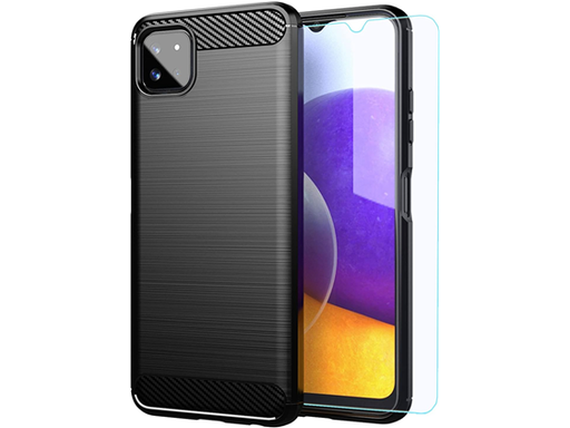 [96538] COVER AZZSY PARA SAMSUNG A22, A PRUEBA DE CHOQUES, INCLUYE PROTECTOR DE PANTALLA, NEGRO BRUSHED/FIBRA DE CARBONO