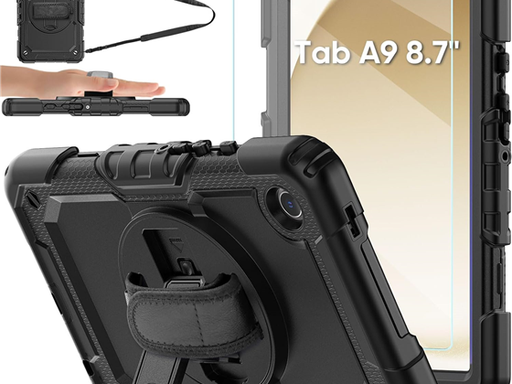 [96555] COVER AZZSY PARA SAMSUNG GALAXY TAB A9 CASE 8.7" 2023, A PRUEBA DE CHOQUES, SOPORTE GIRATORIO 360, CORREA DE MANO/HOMBRO, PROTECTOR DE PANTALLA, NEGRO