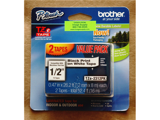 [83269] CINTA BROTHER TZE2312PK  1/2" LAMINADA ESTANDAR TRANSPARENTE CON ADHESIVO EXTRA FUERTE, NEGRO SOBRE BLANCO, 26.2",  COMPATIBLE CON IMPRESORAS PTD220 Y PT-H110