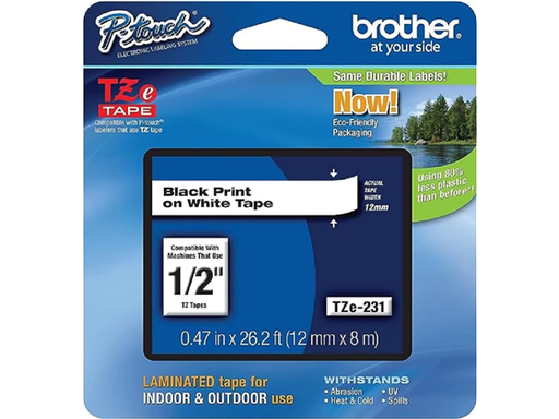 [96600] CINTA BROTHER TZE231  1/2" LAMINADA ESTANDAR TRANSPARENTE CON ADHESIVO EXTRA FUERTE, NEGRO SOBRE BLANCO, 26.2" - COMPATIBLE CON IMPRESORAS PTD220 Y PT-H110
