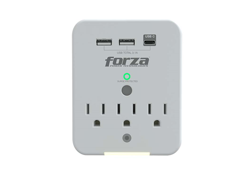 [96019] TOMACORRIENTE FORZA, 3 TOMAS + 2 PUERTOS USB-A + 1 USB-C, PROTECTOR SOBRETENSIÓN, 110/220V - 490 JOULES / 1875 WATTS - (FWT-331USBC)