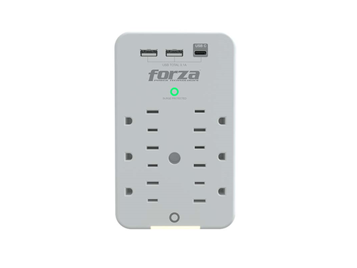 [96020] TOMACORRIENTE FORZA, 6 TOMAS + 2 PUERTOS USB-A + 1 USB-C, PROTECTOR SOBRETENSIÓN, 110/220V - 490 JOULES / 1875 WATTS - (FWT-631USBC)