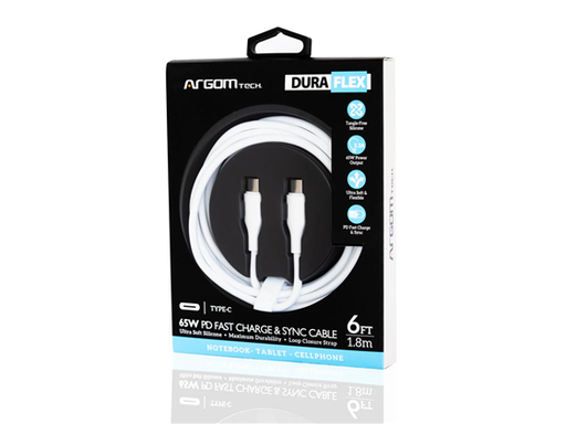 [97060] CABLE TIPO-C A TIPO-C ARGOM, 6 PIES, 65W PD CARGA RÁPIDA, FLEXIBLE, BLANCO.