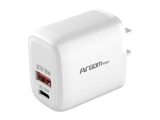 [97083] CARGADOR USB DE PARED ARGOM DUAL, 40W, CARGA RAPIDA, TECNOLOGIA PD PUERTO TIPO-C Y USB P/CELULARES, MP3 , CAMARAS Y IPAD.