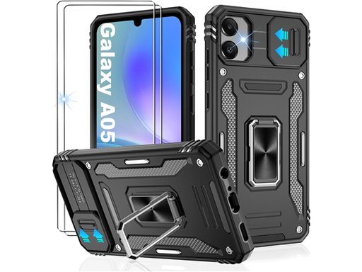 [104575] COVER GRITUP PARA SAMSUNG GALAXY A05, A PRUEBA DE CHOQUES, CON 2 PROTECTOR DE PANTALLA, SOPORTE DE ANILLO MAGNETICO DE 360°, NEGRO