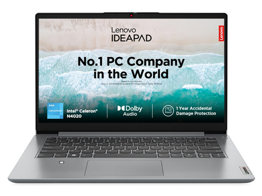 [104791] LAPTOP LENOVO IDEAPAD 1, 14" HD, INTEL CELERON N4020 1.10 GHZ DUAL CORE, 4GB, 256GB SSD, WINDOWS 11 HOME, WIFI AC, BLUETOOTH 4.2, 1 X HDMI PORT, 1 X USB 3.2 GEN 1, 1 X USB-C, JACK 3.5" AUDIO, LITHIUM-ION BATTERY, CLOUD GREY, INGLES (82V6005CIN)