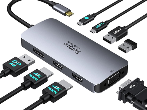 [104793] DOCKING STATION USB-C, 8 EN 1, 2X HDMI, 1X DISPLAY PORT, 1X VGA, 1X PD (POWER), 1X USB-C, GRIS