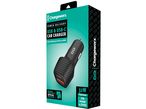 [105681] CARGADOR PARA CARRO DUAL USB Y TIPO C 18 W, CHARGEWORX PARA SMARTPHONES & TABLETS, COLOR NEGRO, CARGA RAPIDA (-CX3091BK).