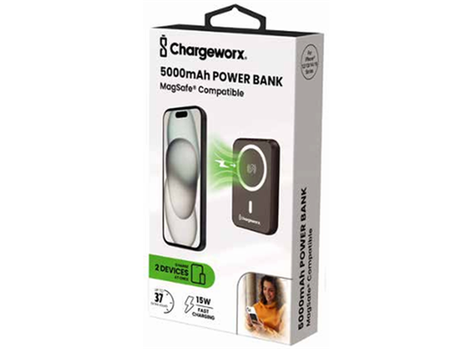 [105672] CARGADOR MOVIL (POWER BANK)  CHARGEWORX, 5,000MAH, CARGA RAPIDA, 15 W, COMPATIBLE CON IPHONE 14 Y 15, LUZ LED, 37 HORAS. COLOR NEGRO. (CX6903BK)