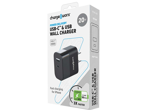 [105658] CARGADOR DE PARED DUAL USB Y USB C, 20 W 5V/2.4 AMP INPUT. CHARGEWORX PARA SMARTPHONES & TABLETS, CARGA 2 DISPOSITIVOS A LA VEZ. NEGRO (CX3098BK).