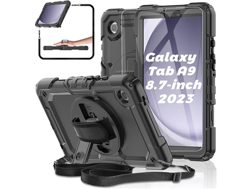 [105744] COVER PARA SAMSUNG GALAXY TAB A9 8.7" 2023, ESTUCHE DE TRES CAPAS, SOPORTE GIRATORIO, CORREA DE MANO, STYLUS PENCIL HOLDER, PROTECTOR DE PANTALLA, RESISTENTE A LAS SACUDIDAS, NEGRO