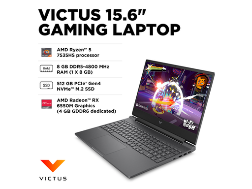 [105794] LAPTOP HP VICTUS 15-FB0263DX GAMING 15.6" IPS FHD 144HZ, RYZEN 5 7535HS 8 CORE, 8GB, 512GB SSD M.2, GRAFICOS RX 6550M 4GB DDR6, PUERTOS 2X USB 3.1, 1X HDMI 2.1, 1X GBE LAN, LECTOR DE TARJETA SD, BACKLIT,  WIFI 6, BT 5.2, WINDOW 10 INGLES, MICA SILVER (9Z7L4UA#ABA)