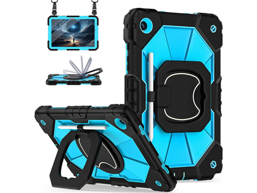 [106301] COVER PARA SAMSUNG GALAXY TAB A9+ 11", A PRUEBA DE CHOQUES, PROTECTOR DE PANTALLA, STAND GIRATORIO, SOPORTE PARA LAPIZ, NEGRO / AZUL
