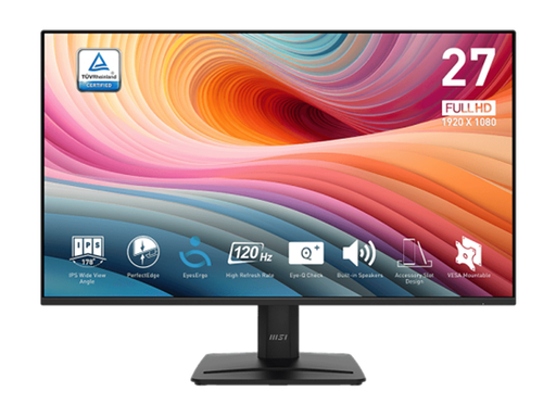 [106961] MONITOR MSI PRO MP275 E2, 27" FHD IPS (1920 X 1080), 120HZ, 1 MS, 1X HDMI 2.0, 1X DISPLAYPORT 1.2A, 1X VGA, 1X LINE IN, 1X AUDIFONOS, IDEAL PARA HOGAR Y OFICINA, BOCINAS INTEGRADAS 2X 2W