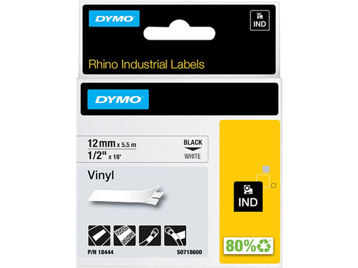 [107207] CINTA DYMO LABEL DE VINIL, 1/2" 12MM (18444), BLACK PRINT ON WHITE, PARA IMPRESORA RHINO