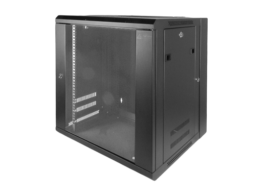 [95795] GABINETE DE PARED NETSYS WMR-12G, 12U, PUERTA FRONTAL CON CRISTAL TEMPLADO CON CERRADURA, BLACK, PANELES LATERALES VENTILADOS CON CERRADURA, 2 RANURAS ABANICO, 24" ALTURA, 23.25" ANCHO Y 21" PROFUNDIDAD (NET-77122124GD)