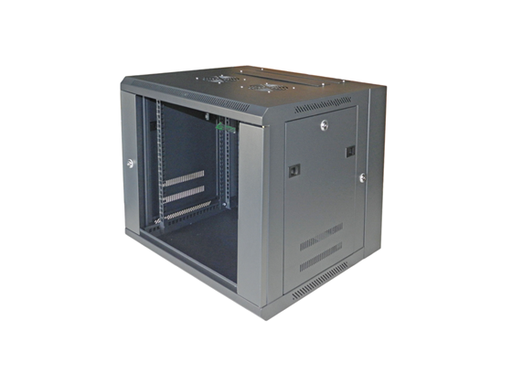 [95793] GABINETE DE PARED NETSYS WMR-09G, 9U, PUERTA FRONTAL CON CRISTAL TEMPLADO CON CERRADURA, BLACK, PANELES LATERALES ABIERTOS, 2 RANURAS ABANICO, 20" ALTURA, 23.5" ANCHO Y 21.5" PROFUNDIDAD (NET-77092120)