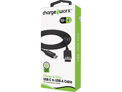 [107389] CABLE USB-C / USB-A CHARGEWORX PARA SMARTPHONES & TABLETS, 10FT, NEGRO, CARGA RAPIDA. NEGRO