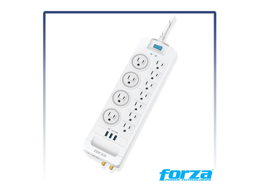 [107566] PROTECTOR SUPRESOR FORZA, REGLETA 11 TOMAS 110V/1750W/1800J, 2XRJ11(IN,OUT), 2X COAX (IN,OUT), 3X USB PARA CARGA, OUTLET GIRATORIOS, INDICADOR LED, FSP-1011USBW, CONECTOR PLANO, SISTEMA DE MANEJO DE CABLES.
