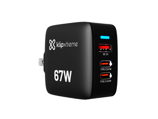 [107617] CARGADOR DE PARED TRIPLE PUERTO USB-C®/USB-A 67W CON TECNOLOGÍA GAN – KLIP XTREME (KMC-500)