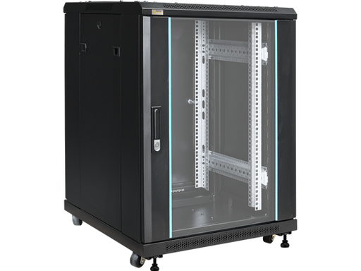 [104826] GABINETE DE PISO AGILER 18U, 19" 600 X 600, PUERTA FRONTAL CON CRISTAL TEMPLADO CON CERRADURA, PUERTA TRASERAS PROFUNDAS 100MM CON CERRADURA, PANELES LATERALES ABIERTOS DE ACCESO RAPIDO, BLACK (2 CAJAS).