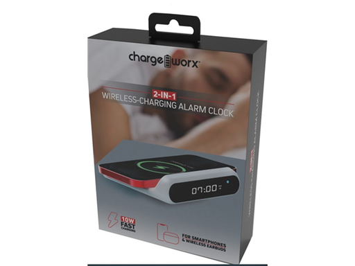 [94870] BASE DE CARGA MULTIPLE INALÁMBRICO CHARGEWORX 2 EN 1  PARA SMARTPHONES Y EARPODS, CARGA RAPIDA 10W, ALARMA, RELOJ 12H Y 24H, LUZ DE CARGA. COLOR BLANCO (CX5275WH)