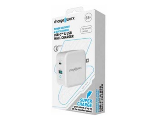 [93530] CARGADOR DE PARED DUAL USB Y USB TYPE-C  CHARGEWORX PARA SMARTPHONES & TABLETS,PD 65W, BLANCO.