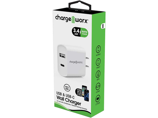 [93860] CARGADOR DE PARED DUAL USB, OUTPUT: 5V/2.4 AMP INPUT: AC 110-240V, CHARGEWORX PARA SMARTPHONES & TABLETS, BLANCO(CX2605WH).