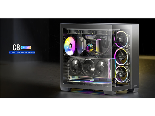 [107831] CASE GAMING ANTEC C8 ARGB CONSTELLATION SERIES DUAL CHAMBER MID-TOWER. COLOR NEGRO. DISEÑO DE DOBLE CÁMARA PARA GESTIÓN DE CABLES Y REFRIGERACIÓN ÓPTIMA. PANELES FRONTAL Y LATERAL DE VIDRIO TEMPLADO PARA VISTA PANORÁMICA DE 270°. SOPORTA PLACAS BASE E-ATX, ATX, MICRO-ATX E ITX. INCLUYE DOS VENTILADORES ARGB DE 140MM PREINSTALADOS EN EL COSTADO. CONECTIVIDAD FRONTAL: DOS PUERTOS USB 3.0, UN PUERTO USB TIPO-C Y UN PUERTO DE AUDIO HD. GESTIÓN DE CABLES: 90MM EN LA CÁMARA TRASERA. ALTURA MÁXIMA DISIPADOR CPU: 175MM. LONGITUD MÁXIMA GPU: 440MM. CAPACIDAD PARA CUATRO UNIDADES DE 3.5" Y CINCO DE 2.5". FUENTE DE PODER ATX (HASTA 240MM). FILTROS DE POLVO REMOVIBLES SUPERIOR, INFERIOR Y LATERAL.