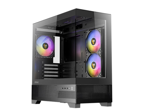[107793] CASE GAMING ANTEC MICRO-TOWER. COLOR NEGRO. PANEL FRONTAL CON DISEÑO DE MALLA DE ALTO FLUJO. PANEL LATERAL COMPLETO DE VIDRIO TEMPLADO. INCLUYE TRES VENTILADORES ARGB DE 120MM PREINSTALADOS (DOS INFERIORES, UNO TRASERO). GESTIÓN DE CABLES: 24MM. CONECTIVIDAD FRONTAL: DOS PUERTOS USB 3.0, UN PUERTO USB 2.0 Y AUDIO HD. SOPORTA PLACAS BASE MICRO-ATX E ITX. ALTURA MÁXIMA DISIPADOR CPU: 160MM. LONGITUD MÁXIMA GPU: 330MM. CAPACIDAD PARA DOS UNIDADES DE 3.5" Y DOS UNIDADES DE 2.5". FUENTE DE PODER ATX (HASTA 160MM CON HDD). FILTRO DE POLVO MAGNÉTICO SUPERIOR.