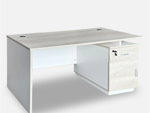 [107819] ESCRITORIO MYO CON BASE DE METAL, 3 CAJONES, GESTION DE CABLES, COLOR BEIGE Y BLANCO (3 CAJAS)