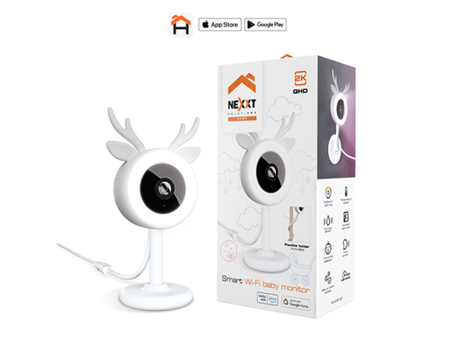 [95327] CAMARA DE VIGILANCIA NEXXT MONITOR DE BEBE, SMART, WIFI CON LUCES LED RGB Y SENSOR TEMPERATURA, SENSOR DE HUMEDAD (HOME AUTOMATION, DETECTA CUANDO LLORA, 2K 4MP, FIJA, DIA Y NOCHE, MICRO SD, COMINICACION DOBLE VIA, (NHC-B100)