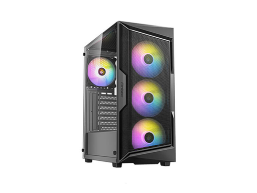 [107758] CASE GAMING ANTEC MID-TOWER EN COLOR NEGRO. CUENTA CON UN PANEL FRONTAL DE MALLA CON DISEÑO GEOMÉTRICO PARA MÁXIMO FLUJO DE AIRE Y PREVENCIÓN DE POLVO. INCLUYE CUATRO VENTILADORES ARGB DE 120MM PREINSTALADOS, SINCRONIZABLES CON LA PLACA BASE PARA DIVERSOS EFECTOS DE ILUMINACIÓN. OFRECE RUTHING DE CABLES DE 24MM EN EL LADO IZQUIERDO Y 13MM EN EL DERECHO PARA UNA GESTIÓN LIMPIA. CONECTIVIDAD FRONTAL: DOS PUERTOS USB 2.0, UN PUERTO USB 3.0 Y CONEXIÓN DE AUDIO HD, MÁS BOTÓN DE CONTROL DE LED. SOPORTA HASTA OCHO VENTILADORES DE 120MM SIMULTÁNEAMENTE. ALTURA MÁXIMA DEL DISIPADOR DE CPU: 160MM. LONGITUD MÁXIMA DE GPU: 320MM.
