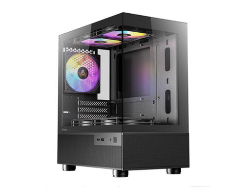 [107765] CASE GAMING ANTEC MICRO-TOWER. COLOR NEGRO. DISEÑO DE PANEL FRONTAL DE MALLA PARA ALTO FLUJO DE AIRE. CUENTA CON VENTILADORES RGB. PANEL LATERAL DE VIDRIO TEMPLADO. COMPATIBLE CON PLACAS BASE MICRO-ATX E ITX. CONECTIVIDAD FRONTAL: PUERTOS USB Y AUDIO HD. ESPACIO PARA GESTIÓN DE CABLES. ADMITE ALTURA DE DISIPADOR DE CPU Y LONGITUD DE GPU ESTÁNDAR PARA MICRO-TOWER. FUENTE DE PODER ATX.